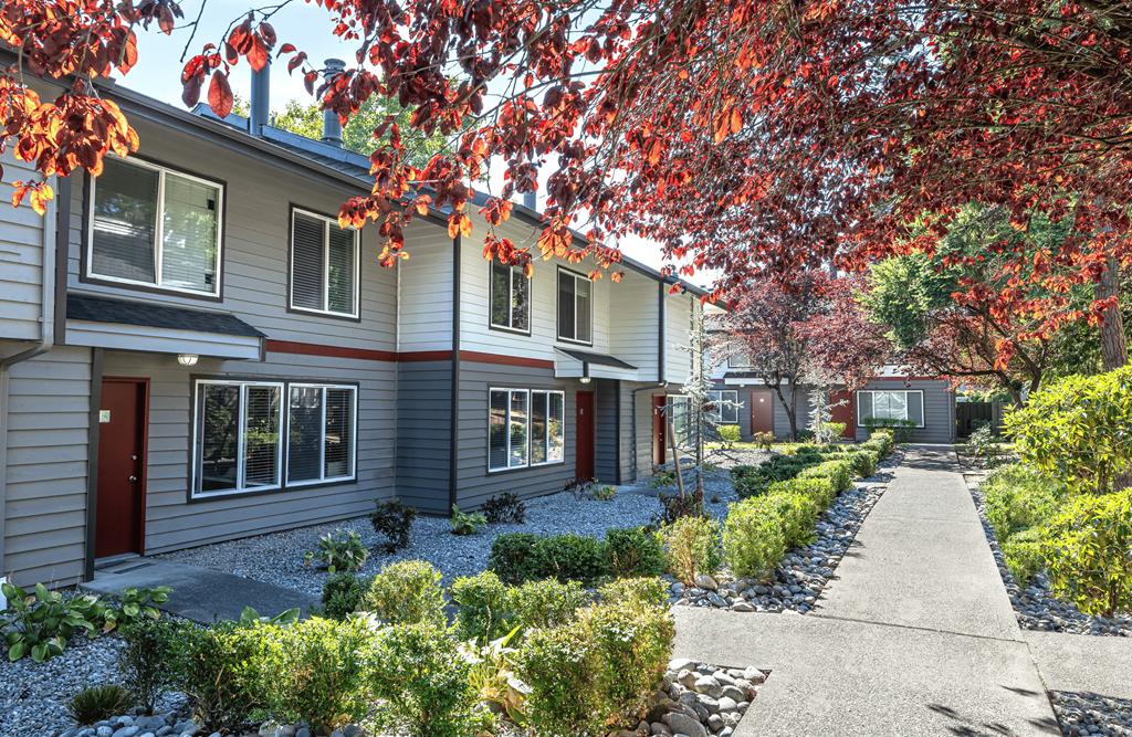 A row of houses with a pathway between them.